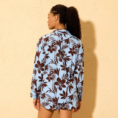 Shade & Shore Women's Swim Floral Button Front Cover Up Shirt - Shade & Shore™ Blue S — фото 2