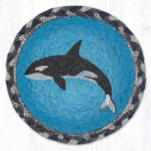 Earth Rugs Round Orca Coaster – 7" Braided Jute Mat with Hand-Stenciled Killer Whale Design in Bold Coastal Black and Blue Tones - 1 of 3