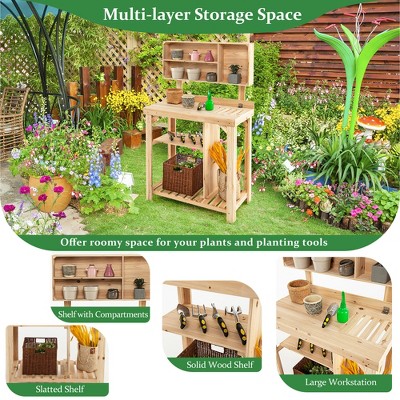 Natural Fir Wood Garden Potting Bench with Storage Shelves