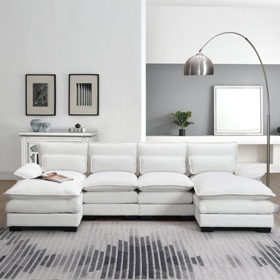 110" Modern Chenille 6 Seats Modular U-Shaped Sectional Sofa with Double Chaise Lounges, Lumbar & Armrest Pillows
