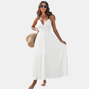 white beach flowy dress Lace Top Spaghetti Strap Chiffon White Beach Wedding Dress main image 1