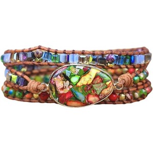Women's Wrap Bracelet with Natural Jasper Crystal Stone Beads, Bohemian Leather Strand Bracelet - 1 of 4