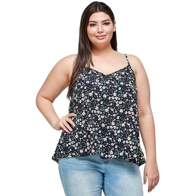 Slickblue Plus Size Floral Cami with Bar Back Cutout, Navy, V-Neck, Hi-Lo Hem, Size 1XL