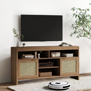 Boho TV Stand for TV Up to 65 Inch,58" Modern Rattan Entertainment Center with Storage and Adjustable Shelves,Wooden TV Console Cabinet - 1 of 4