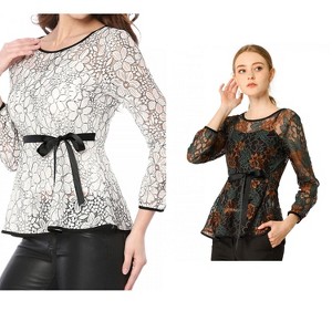 INSPIRE CHIC Women's 2 Packs Semi-Sheer Elegant Tie Waist Long Sleeve Floral Lace Peplum Blouses Green X-Large - 1 of 4