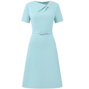 INSPIRE CHIC Women's Short Sleeve Asymmetrical Neck Beaded Business Belted A-Line Midi Dresses - 1 of 4