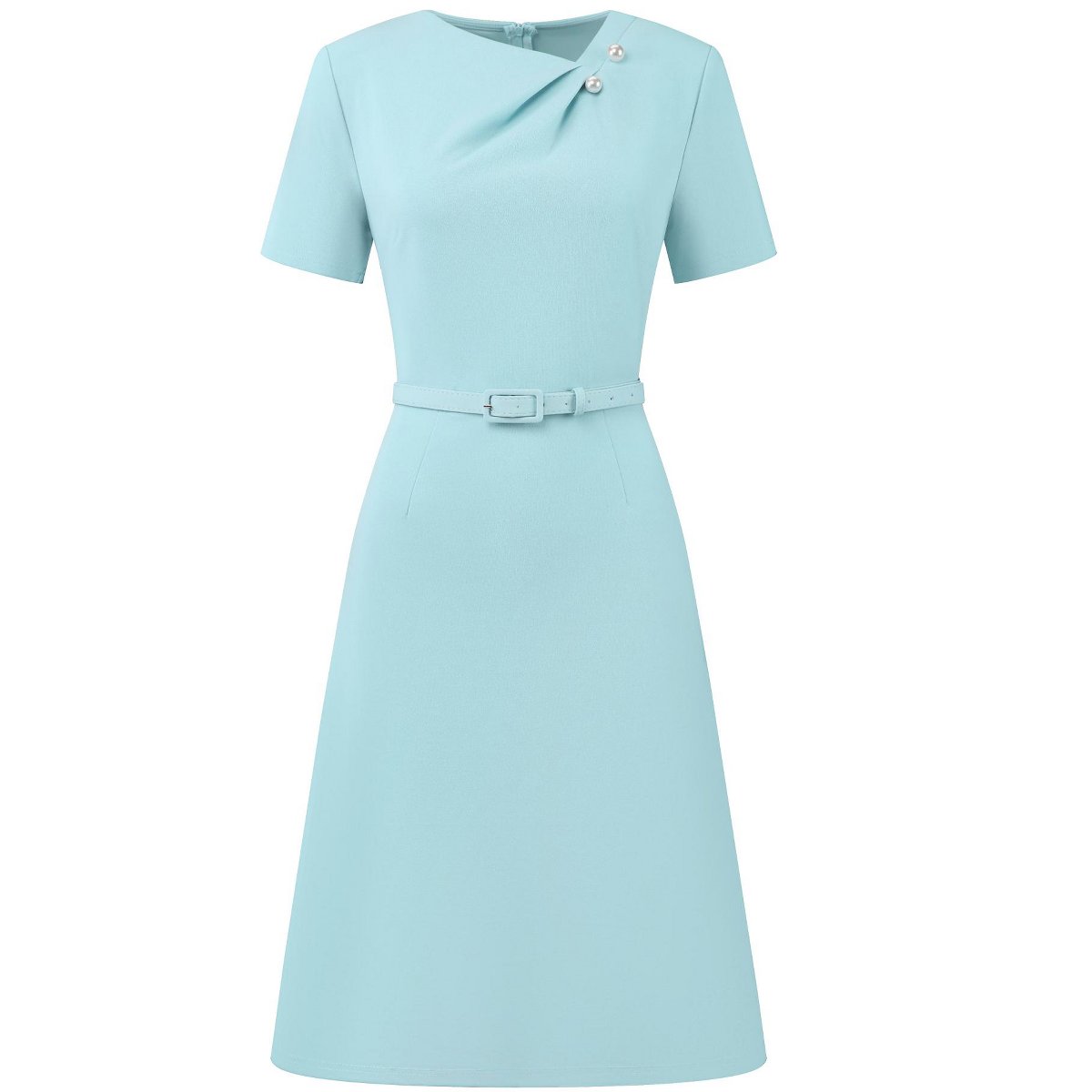 Женские платья INSPIRE CHIC Women's Short Sleeve Asymmetrical Neck Beaded Business Belted A-Line Midi Dresses Medium Light Blue — фото 2