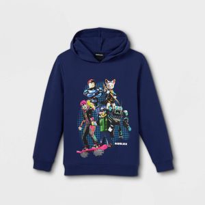 Boys Roblox Hooded Pullover Sweatshirt Navy Target - roblox dude with brown hair and blue sweat shirt