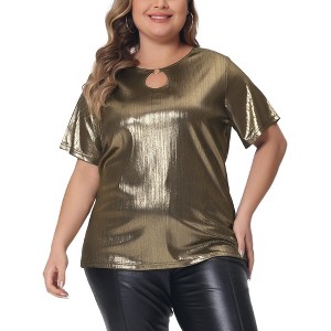 Agnes Orinda Women's Plus Size Keyhole Metallic Round Neck Short Sleeve Party Blouses - 1 of 4
