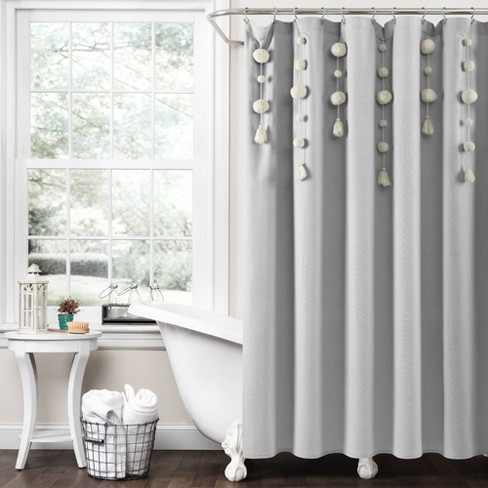 Boho Pom Pom Tassel Linen Single Shower Curtain Light Gray - Lush Décor