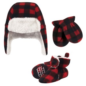 Hudson Baby Unisex Baby Trapper Hat, Mitten and Bootie Set, Black Red Plaid - 1 of 4