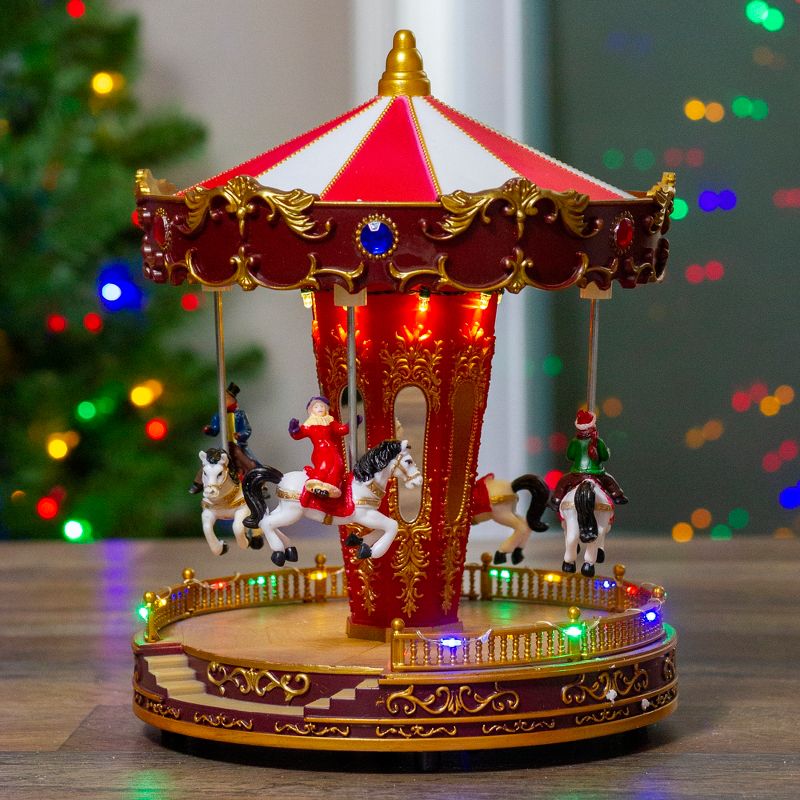 Northlight LED Lighted and Animated Horses Christmas Carousel Village Display - 11" - Red and White, 3 of 8