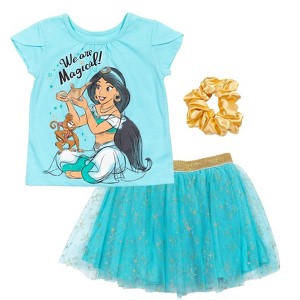 Disney Moana Princess Frozen Rapunzel Jasmine Belle Girls T-Shirt Tulle Skirt and Scrunchie 3 Piece Outfit Set Toddler - 1 of 4
