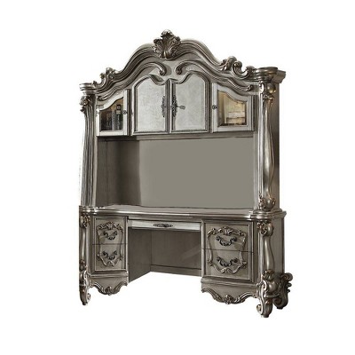 Elegant Antique White and Gray Wooden Desk with Hutch and Drawers