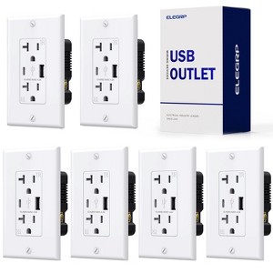 ELEGRP USB Outlet Receptacle, 20 Amp Outlet with USB C and USB A Port,21W Duplex Tamper Resistant Wall Outlet, w/screw Wall Plate, UL Listed, White - 1 of 4