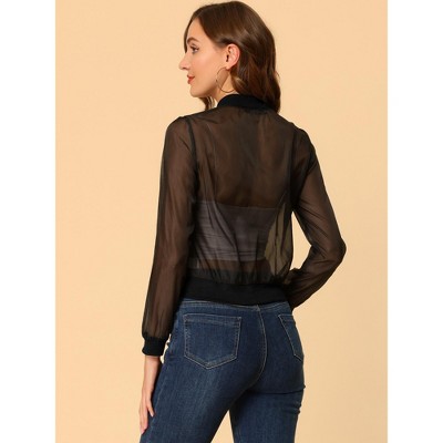 Женские куртки Allegra K Women's Zip Up See-Through Lightweight Long Sleeve Mesh Bomber Jacket Large Black — фото 3