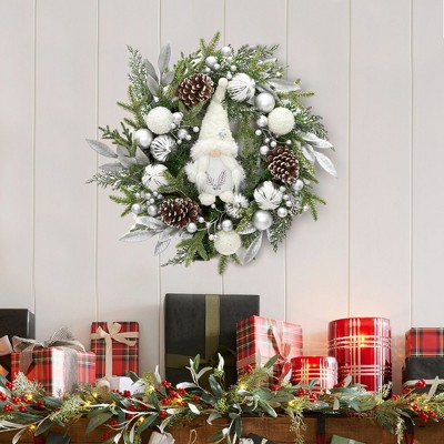 22" Pre-Lit Christmas Wreath,  Artificial Xmas Wreath with 30 Battery Operated Led Lights and Silver White Balls, Pinecones, and Berries