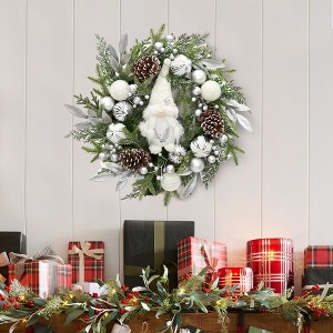 22" Pre-Lit Christmas Wreath,  Artificial Xmas Wreath with 30 Battery Operated Led Lights and Silver White Balls, Pinecones, and Berries - 1 of 4