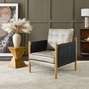 KINWELL Mid-Century Top-Grain Leather Accent Chair with Leather Strap Wrapped Arms - 1 of 4