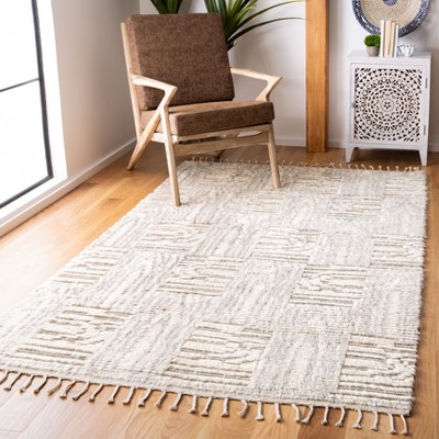 Ivory and Grey Hand-Knotted Wool Shag Rug, 4' x 6'