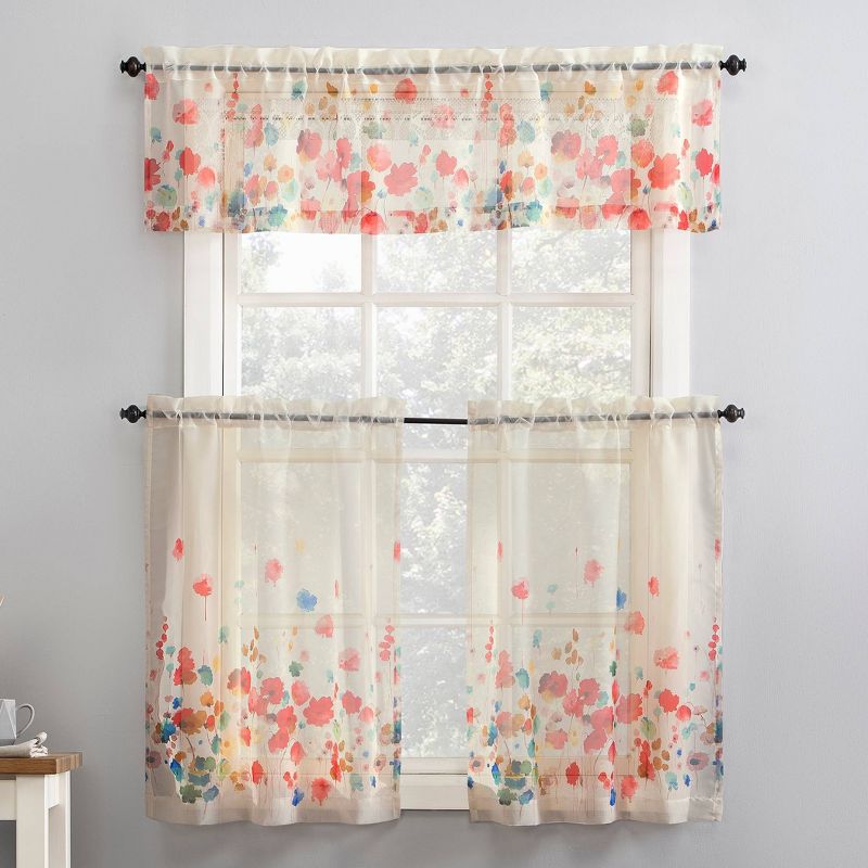 Rosalind Watercolor Floral Semi-Sheer Rod Pocket Kitchen Curtain Valance and Tiers Set Poppy Red - No. 918, 3 of 8