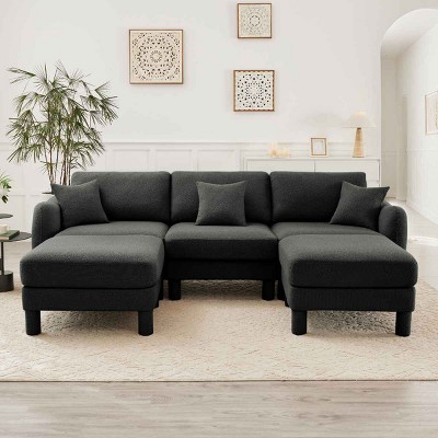 U-Shape Sectional Sofa with Ottomans, Boucle 3-Seater Sofa with Armrests and Cylindrical Legs, Fabric Couch with Cushion-Coolbibila