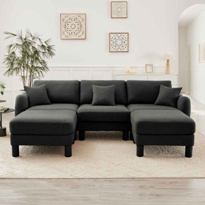 U-Shape Sectional Sofa with Ottomans, Boucle 3-Seater Sofa with Armrests and Cylindrical Legs, Fabric Couch with Cushion-Coolbibila - 1 of 4