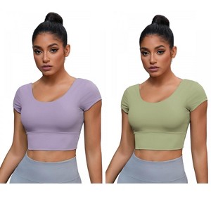 INSPIRE CHIC 2 Pcs Women's U Neck Short Sleeve Deep V Back Workout Tank Tops with Built-in Bras - 1 of 4