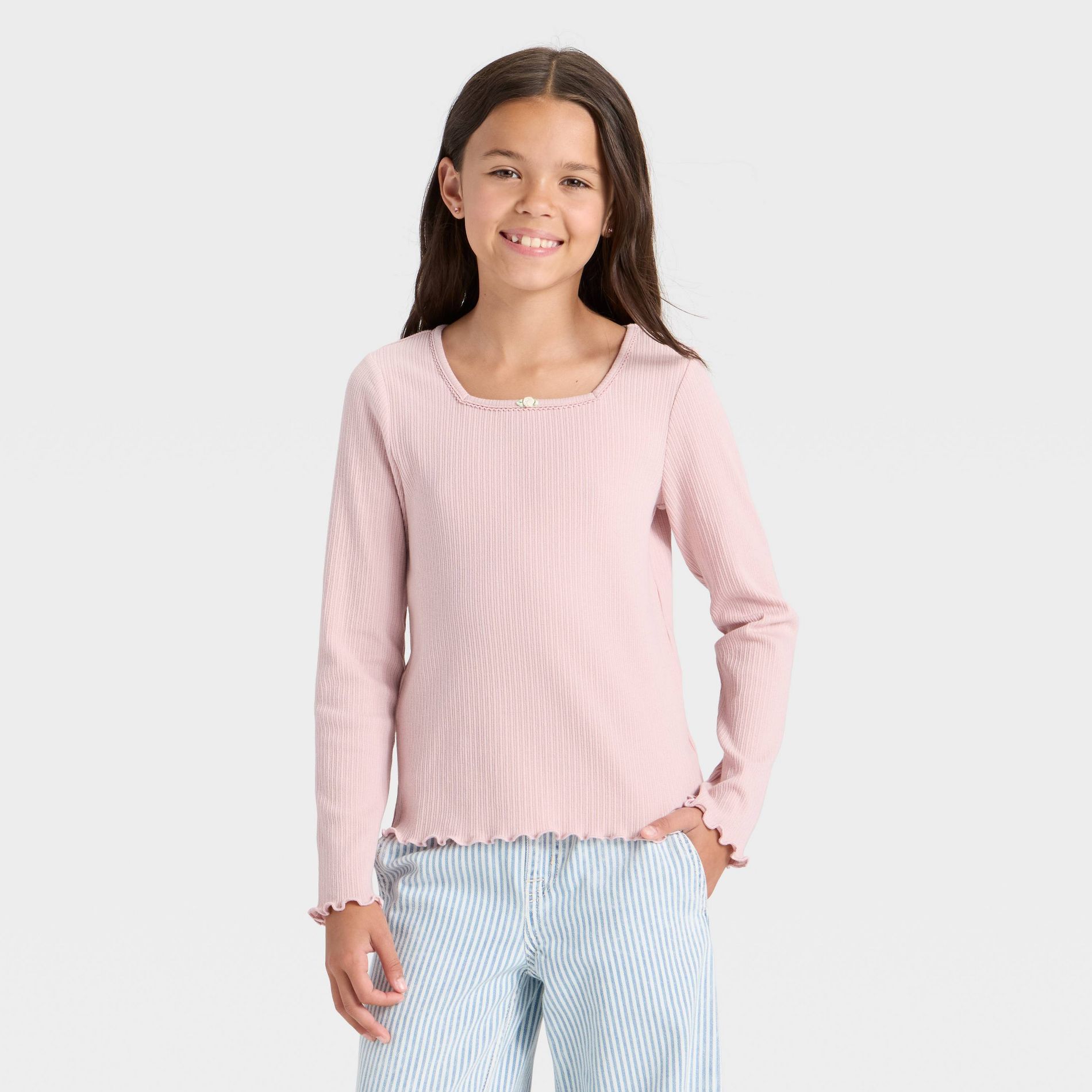 Girls' Long Sleeve Rib-Knit T-Shirt - Cat & Jack™ Pink L