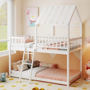 Costway Twin Over Twin House Bunk Bed with Roof, Ladder & Full-length Guardrails for Kids Natural/White - 1 of 4