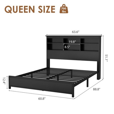 Full-Size Bed Frame with Bookshelf Storage and Charging Station No Mattress Box Required Easy Assembly Black Bed Frame