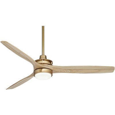 Casa Vieja 52" Windspun Modern Indoor Ceiling Fan 3 Blade LED Light Remote Control Soft Brass Finish Natural Wood Blades Bedroom Living Room Kitchen