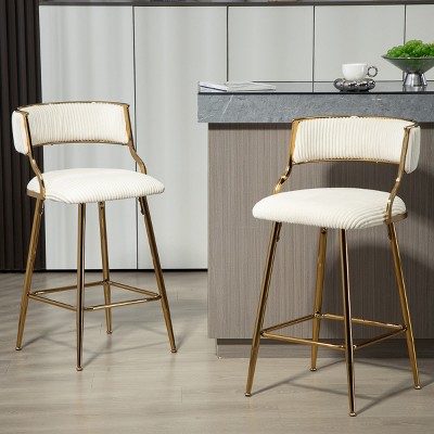 Modern 26'' Counter Height Bar Stools Set of 2 Corduroy Island Bar Stool with Back Golden Chromed Footrest for Kitchen,Dining Room-Tanpinhause
