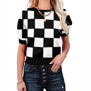 Women's Short Sleeve Sweater Tops 2025 Spring Summer Trendy Crew Neck Casual T Shirts Blouses,Black Plaid - L - 1 of 4