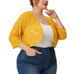 Agnes Orinda Women's Plus Size Sheer Cardigan  Floral Lace Open Front 3/4 Sleeves Casual Crop Shrug - 1 of 4
