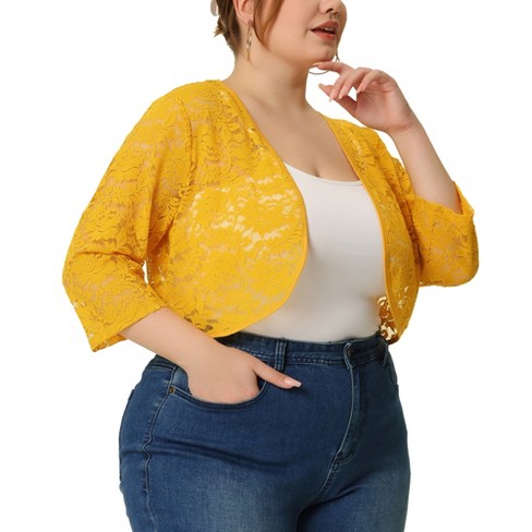 Agnes Orinda Women s Plus Size Sheer Cardigan 3 4 Sleeves Floral Lace Crop Shrug Yellow 4x Target