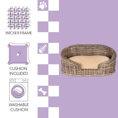 Curved Handwoven Rattan Elevated Dog Bed with Beige Cushion