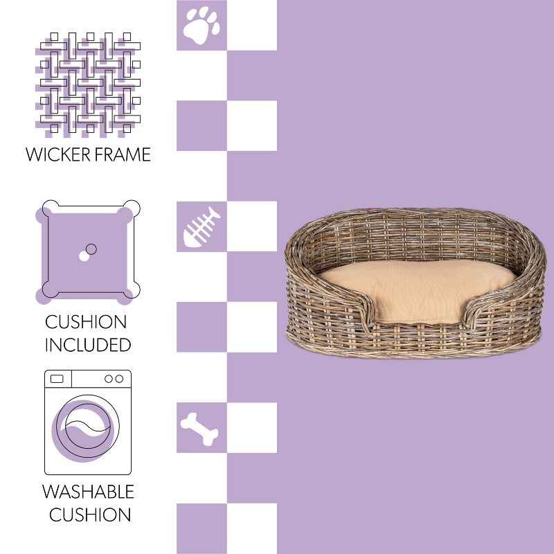 Curvy Classic Handwoven Rattan Dog Bed with Machine-Washable Cushion, 3 of 7