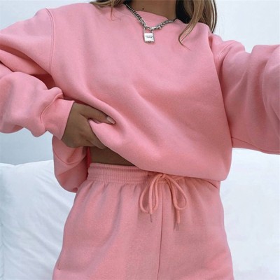 Mocamel Women's Solid Color Simple Tracksuit， Loose Fit Long Sleeve Top and Pants Set