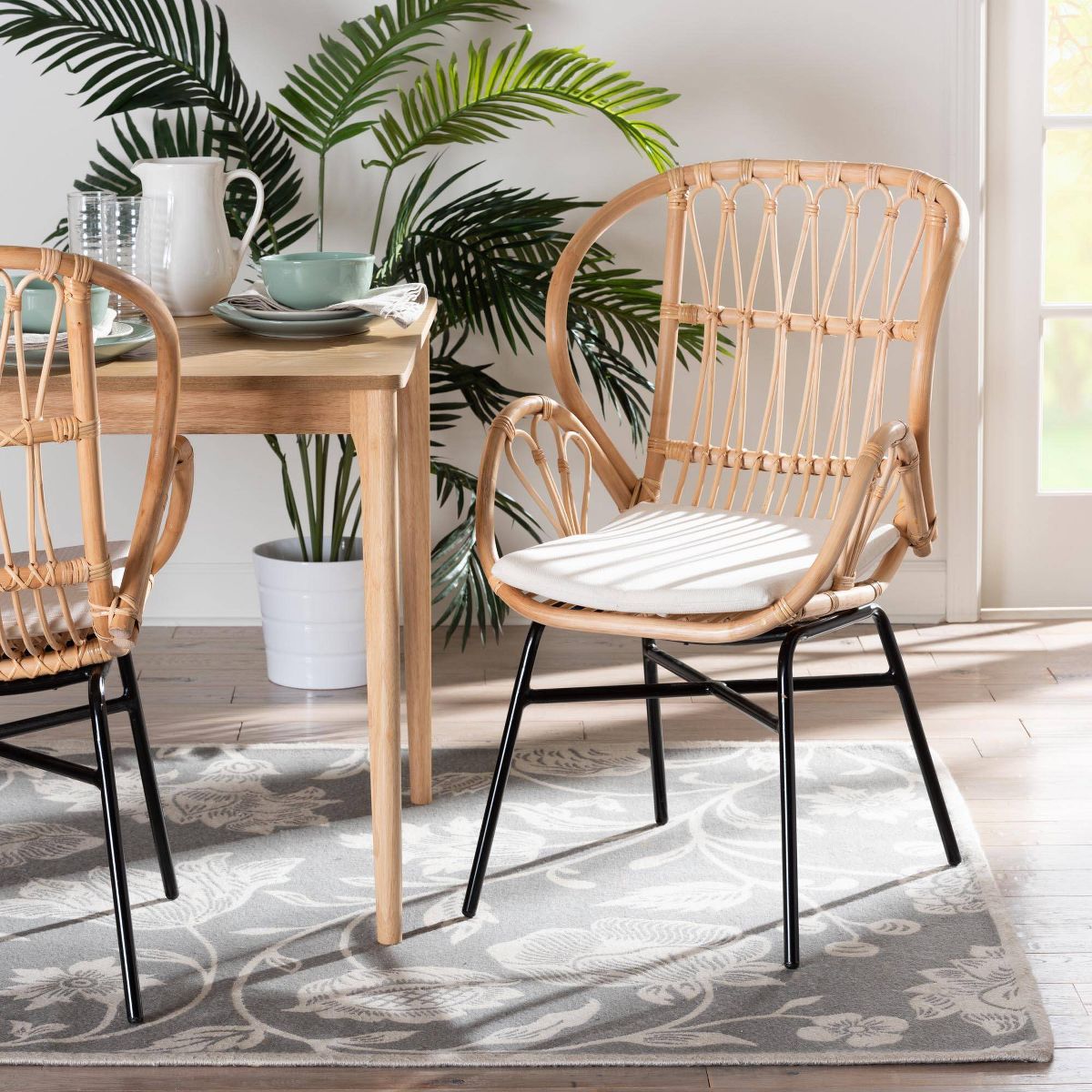 bali & pari Caelia Rattan and Metal Chair Natural/Brown: Bohemian Style, Plush Cushion, Sturdy Crisscross Base: Armless, Spot Clean - thumbnail 2