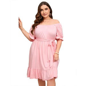 WhizMax Women's Casual Plus Size Square Neck Dress Short Sleeve Dress High Waist Ruffle Summer Midi Dress with Belt - 1 of 4