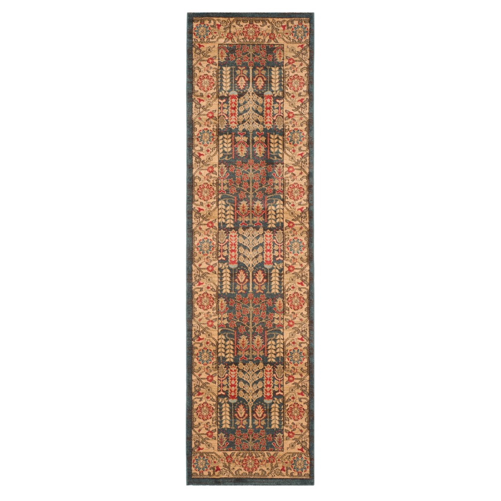 Navy/Natural Floral Loomed Runner 2'2inx6'