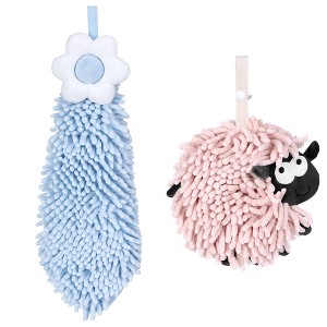 REGALWOVEN Flower and Sheep Shape Absorbent Fast Drying Chenille Hand Towels with Hanging Loop 6" x 15"/7" x 7" 2 Packs - 1 of 4