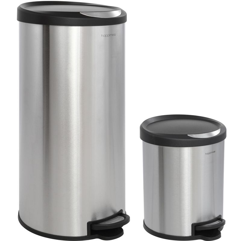 happimess Oscar Round 8-Gallon Step-Open Trash Can with FREE Mini Trash Can, Stainless Steel/Black, 1 of 13