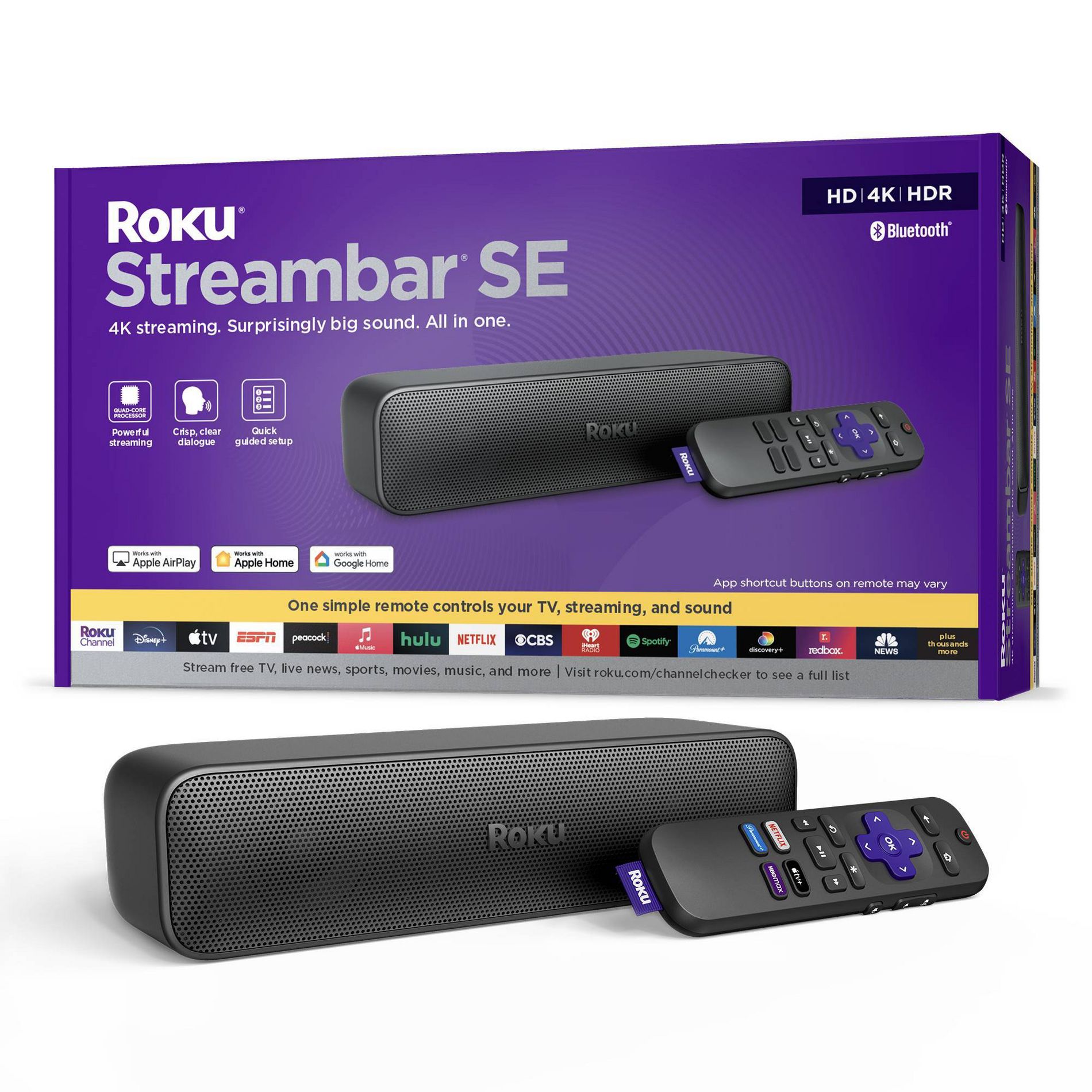 Roku Streambar SE 2-in-1 TV Soundbar with Built-in Streaming, Premium Speakers, & Enhanced Speech Clarity: 4K Resolution, Wi-Fi 5, Voice Assistant