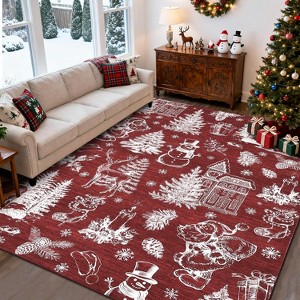 GustoWave Washable Christmas Floor Area Rug, Low Pile Christmas Printed Carpet, Red - 1 of 4