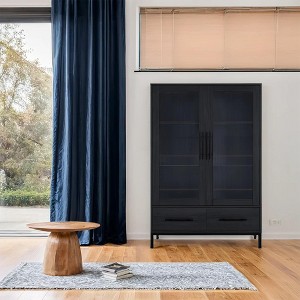 60" Tall MDF Freestanding Display Cabinet with 4 Adjustable Glass Shelves, LED Lighting and 2 Storage Drawers for Living Room - 1 of 4