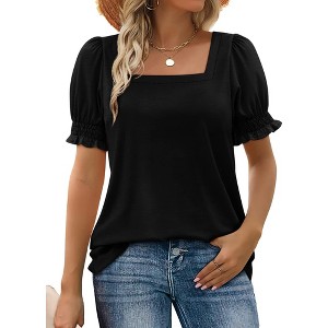 Summer Tops for Women Square Neck T Shirts Casual Tees Ruffle Trim Short Sleeve Blouses 2025 Fashion - 1 of 4