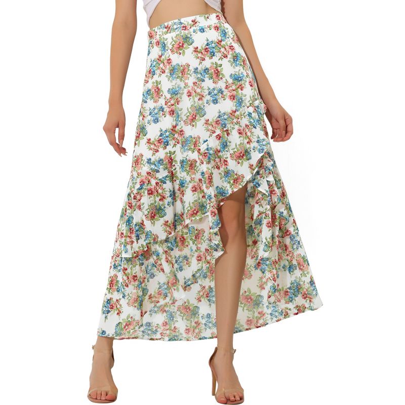 Allegra K Women's Floral Ruffle Skirt Wrap Tiered Asymmetrical Chiffon Skirts, 1 of 6