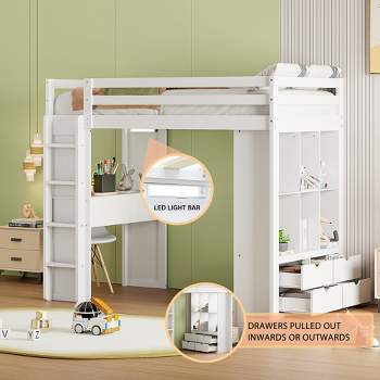 Twin/Full Size Loft Bed with Large Shelves, Writing Desk and LED Light 4A - ModernLuxe